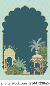 Traditional Mughal garden with arch pattern, peacock, plant, palm tree, in dark green background for wallpaper