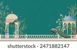 Traditional Mughal garden arch, peacock palace illustration frame for wedding invitation