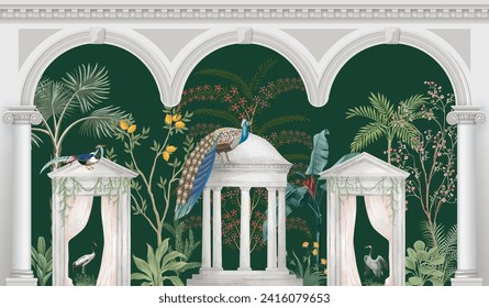 Traditional Mughal garden, arch, peacock, plant botanical illustration. Mural wallpaper design, landscape vector illustration.