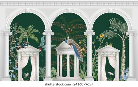 Traditional Mughal garden, arch, peacock, plant botanical illustration. Mural wallpaper design, landscape vector illustration.