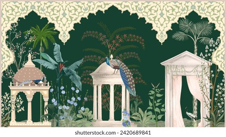 Jardín tradicional mogol, arco, pavo real, ilustración botánica de planta. Diseño de fondo mural, ilustración paisajística.