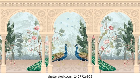 Traditional Mughal garden, arch, peacock, plant illustration. Chinoiserie Palace for wallpaper.