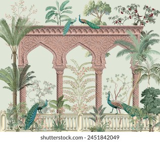 Traditional Mughal garden, arch, peacock, plant botanical illustration. Mural wallpaper design, landscape illustration.