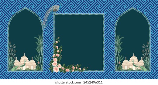 Jardín tradicional mogol, arco, pavo real, Fondo de pantalla. Borde de ilustración islámica mogol para invitación de boda, fondo de la boda.