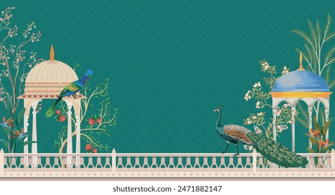 Traditional Mughal garden arch, peacock palace illustration frame for wedding invitation