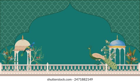 Traditional Mughal garden arch, peacock palace illustration frame for wedding invitation