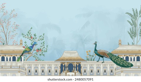 Traditional Mughal garden arch, peacock palace illustration frame for wedding invitation