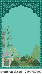 
Traditional Mughal garden with arch, peacock, plant, wallpaper illustration. Illustration frame for Invitation.