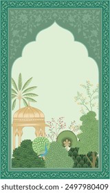 
Traditional Mughal garden with arch, peacock, plant, wallpaper illustration. Illustration frame for Invitation.