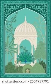 Traditional Mughal garden with arch, peacock, plant, wallpaper illustration. Illustration frame for Invitation.
