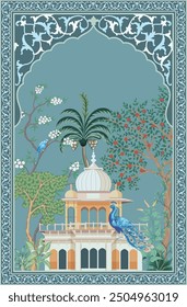 
Traditional Mughal garden with arch, peacock, plant, wallpaper illustration. Illustration frame for Invitation.
