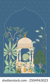 
Jardín tradicional mogol con arco, pavo real, planta, ilustración de Fondo de pantalla. Marco de la ilustración para la invitación.
