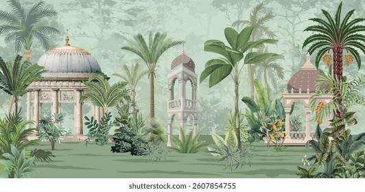 Traditional Mughal garden, arch, peacock, plant botanical landscape wallpaper.  mughal garden arch forest wallpaper.