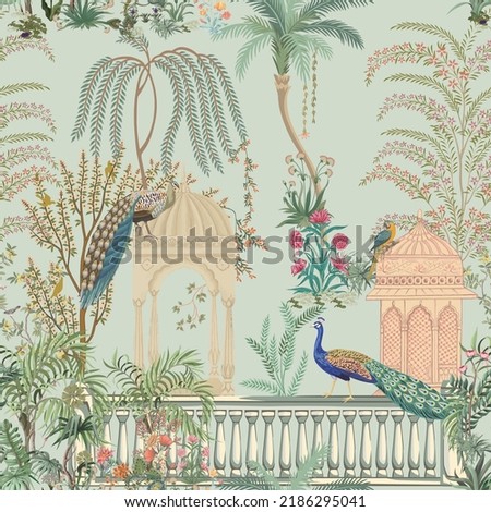 Traditional Mughal garden, arch, peacock, plant and bird vector illustration seamless pattern
