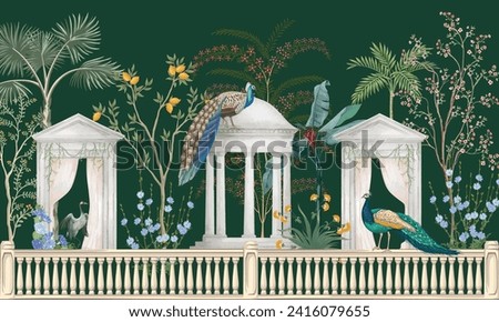 Traditional Mughal garden, arch, peacock, plant botanical illustration. Mural wallpaper design, landscape vector illustration.