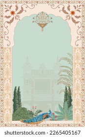 Traditional Mughal garden arch, plant, peacock illustration for invitation. Vector printable design svg