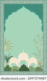 Traditional Mughal garden arch, plant, peacock wallpaper illustration. Mughal wedding invitation illustration.