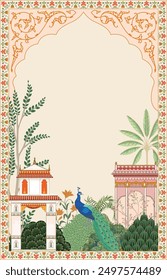 Traditional Mughal garden arch, plant, peacock wallpaper illustration. Mughal wedding invitation illustration.