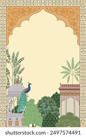 Traditional Mughal garden arch, plant, peacock wallpaper illustration. Mughal wedding invitation illustration.