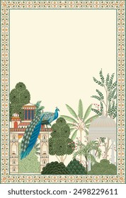 Traditional Mughal garden arch, plant, peacock wallpaper illustration. Mughal wedding invitation illustration.