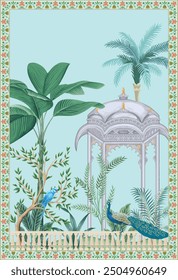 Traditional Mughal garden arch, plant, peacock wallpaper illustration. Mughal wedding invitation illustration.