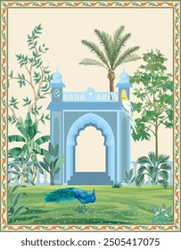 Traditional Mughal garden arch, plant, peacock wallpaper illustration. Wallpaper design Mughal garden with exotic plants arches.
