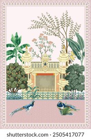 Arco de jardín tradicional mogol, planta, ilustración de Fondo de pantalla de pavo real. Fondo de pantalla de diseño Mughal con arcos de plantas exóticas.
