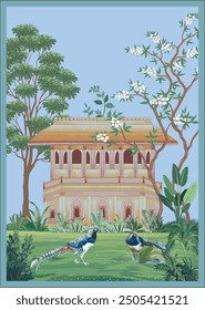 Traditional Mughal garden arch, plant, peacock wallpaper illustration. Wallpaper design Mughal garden with exotic plants arches.
