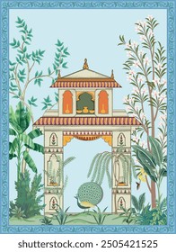 Arco de jardín tradicional mogol, planta, ilustración de Fondo de pantalla de pavo real. Fondo de pantalla de diseño Mughal con arcos de plantas exóticas.
