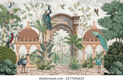 Traditional Mughal garden, Mughal Dome, Arch, Peacock, Mughal Wall Murals.