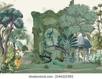 Traditional Mughal Garden With dome. Peacock, Mughal architecture illustration wallpaper. Botanical landscape illustration.