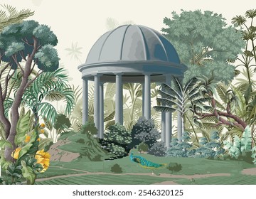 Traditional Mughal Garden With dome.peacock, Mughal architecture illustration wallpaper. Botanical landscap illustration.