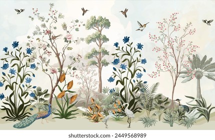 Traditional mughal garden, flower and birds, watercolor background.