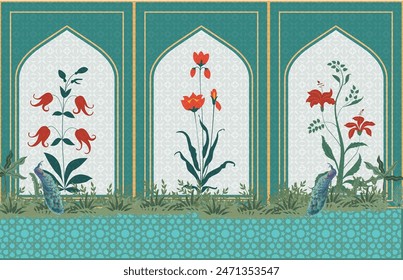 Traditional Mughal garden, flowers in arch, landscape wallpaper. Traditional Mughal forest garden illustration.