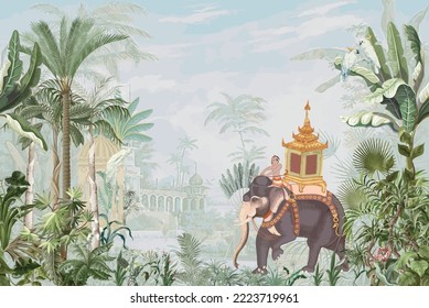 Traditional Mughal garden  forest  elephant ride  mahout in Thailand vector pattern