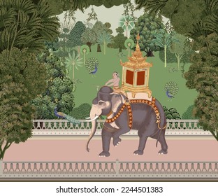 Traditional Mughal Garden  forest  elephant ride  mahout in Thailand vector illustration for wallpaper 