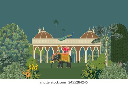 Traditional Mughal Garden, forest, and elephant ride illustration for wallpaper. Traditional Art Paintings. svg