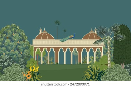 
Traditional Mughal Garden, Forest und Elephant Ride Illustration für den Bildschirmhintergrund. Traditionelle Kunstmalerei.