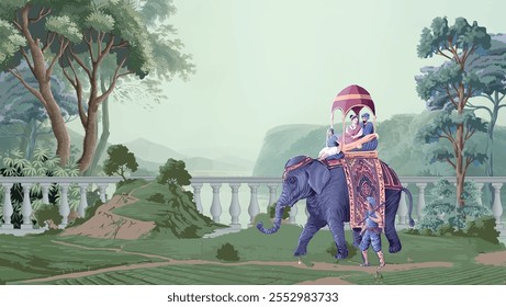 Traditional Mughal garden, forest, illustration for wallpaper Mughal king riding on an elephant.