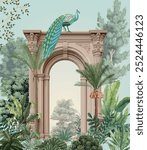 Traditional Mughal Garden Illustration, Mughal Arch, Peacock.