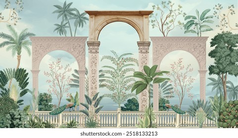 Ilustración tradicional del jardín de Mughal, arco de Mughal con la ilustración del jardín, mural de pared de Mughal.