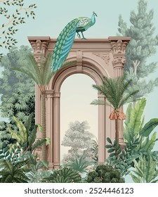 Traditional Mughal Garden Illustration, Mughal Arch, Peacock.