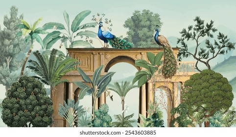 Ilustración tradicional del jardín de Mughal, arco de Mughal, pavo real, fondo de la acuarela. 