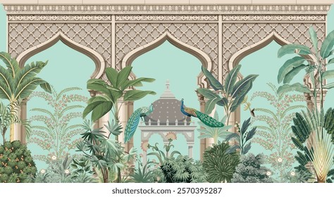 Traditional Mughal Garden Illustration, Mughal Arch, Dome, Peacock, Mughal Mural, Mughal Wedding.