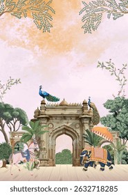 Traditional Mughal Garden Illustration, Mughal Arch, Garden Illustration, Peacock, Watercolor Background, Mughal Wedding.