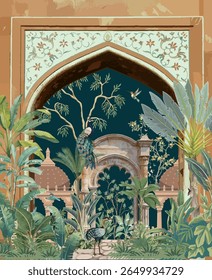 Ilustração tradicional do jardim mogol, Arco mogol, cúpula, papel de parede mogol, Mural de parede de casamento indiano.