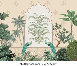 Traditional Mughal Garden Illustration, Mughal Decorative garden for wall Mural, Mughal Arch, Peacock, Watercolor Background.