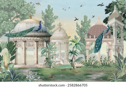 Traditional Mughal Garden Illustration, Mughal Dome, Mughal Wallpaper, Peacock.