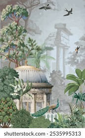 Ilustración tradicional del jardín de Mughal, Fondo de pantalla indio, Boda india, Fondo de pantalla, mural.