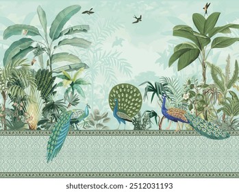 Ilustración tradicional del jardín de Mughal, frontera inconsútil del motivo marroquí, pájaros, pavo real, fondo de la acuarela.